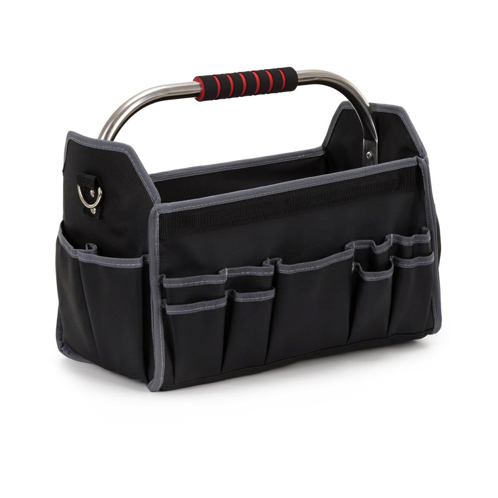 Geanta portabila pentru scule si unelte cu 20 de buzunare pentru organizare, maner metalic cu spuma antiderapanta, margini superioare rigidizate, baza rezistenta din PE, curea de umar reglabila, 41x23x35 cm, negru si gri - imagine 21