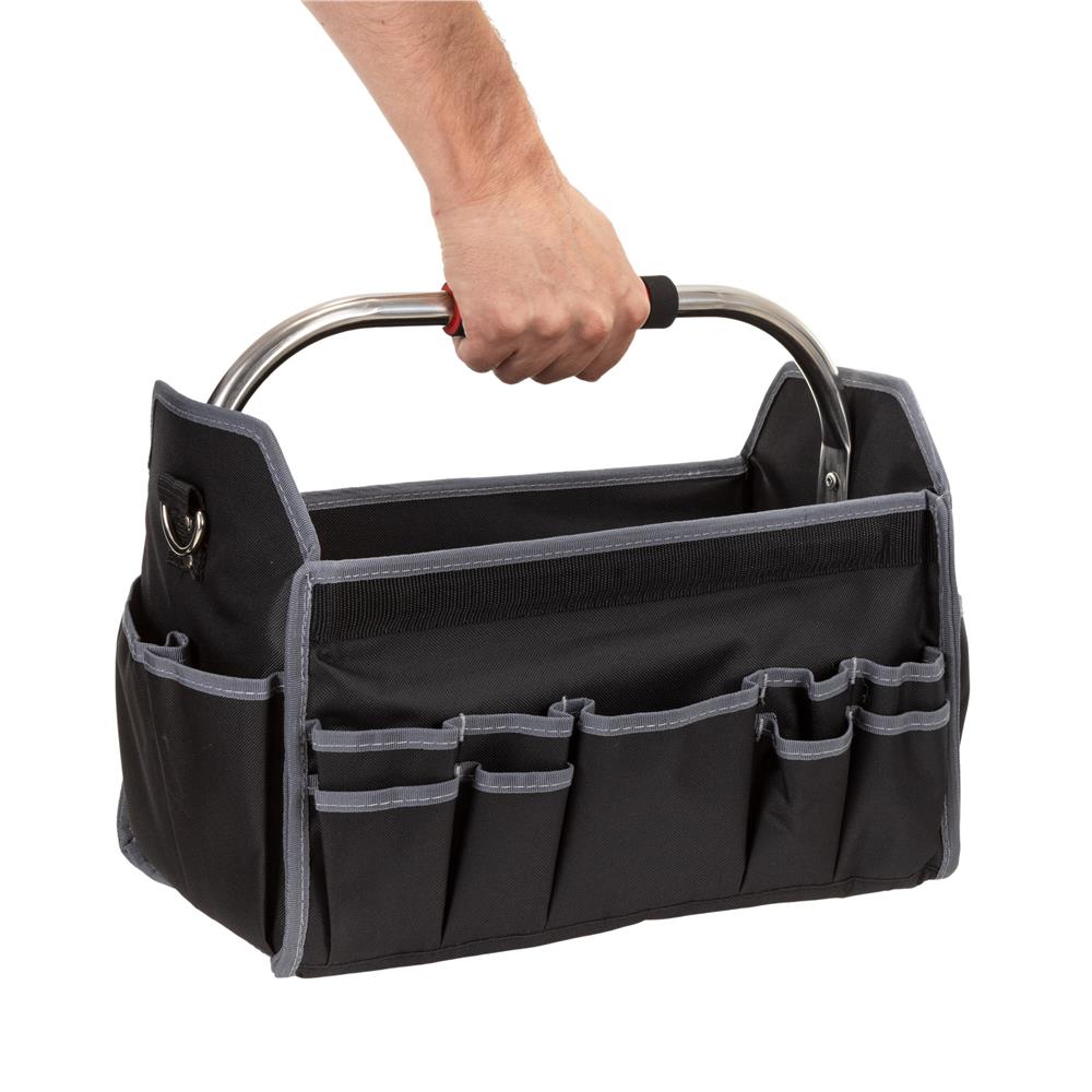 Geanta portabila pentru scule si unelte cu 20 de buzunare pentru organizare, maner metalic cu spuma antiderapanta, margini superioare rigidizate, baza rezistenta din PE, curea de umar reglabila, 41x23x35 cm, negru si gri - imagine 22