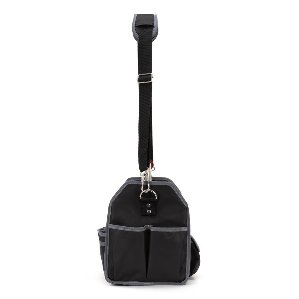 Geanta portabila pentru scule si unelte cu 20 de buzunare pentru organizare, maner metalic cu spuma antiderapanta, margini superioare rigidizate, baza rezistenta din PE, curea de umar reglabila, 41x23x35 cm, negru si gri - imagine 23
