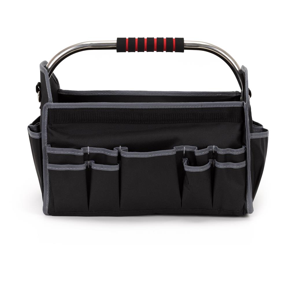 Geanta portabila pentru scule si unelte cu 20 de buzunare pentru organizare, maner metalic cu spuma antiderapanta, margini superioare rigidizate, baza rezistenta din PE, curea de umar reglabila, 41x23x35 cm, negru si gri - imagine 4