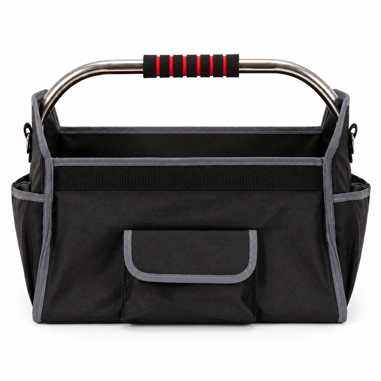 Geanta portabila pentru scule si unelte cu 20 de buzunare pentru organizare, maner metalic cu spuma antiderapanta, margini superioare rigidizate, baza rezistenta din PE, curea de umar reglabila, 41x23x35 cm, negru si gri - imagine 7