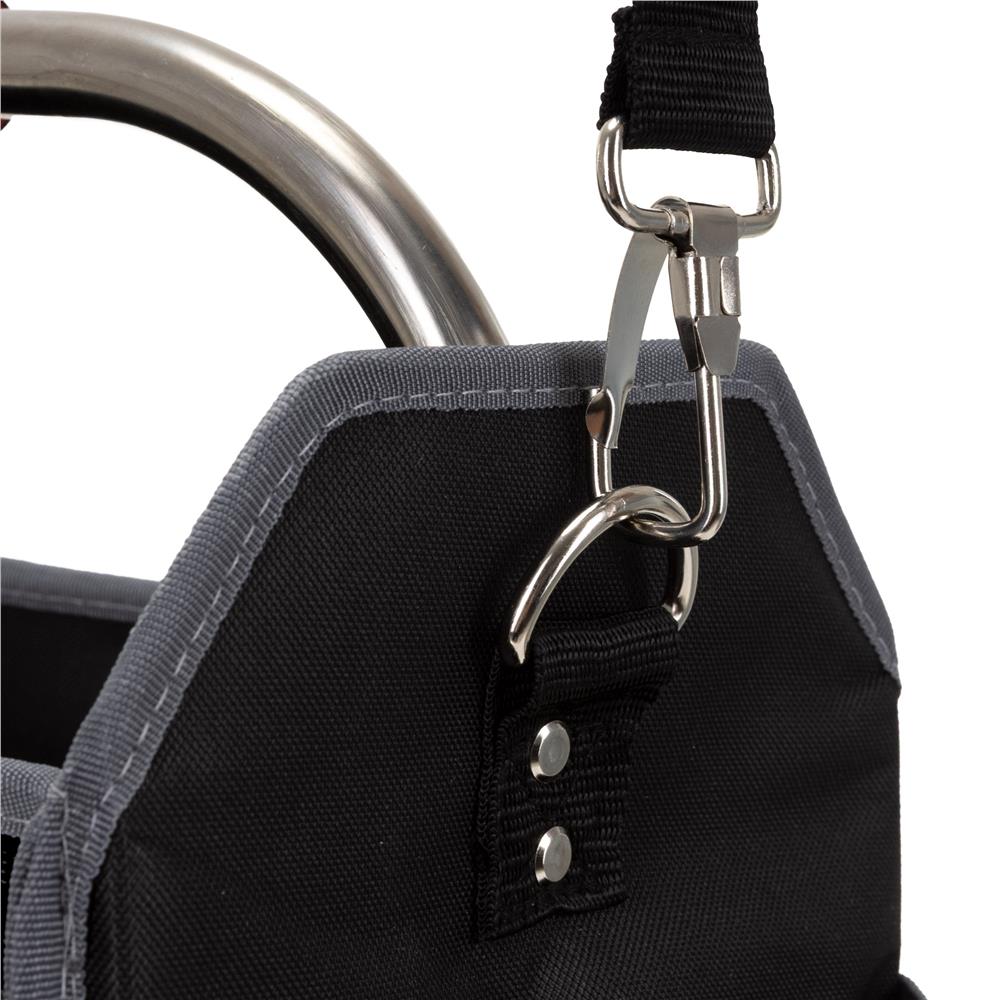 Geanta portabila pentru scule si unelte cu 20 de buzunare pentru organizare, maner metalic cu spuma antiderapanta, margini superioare rigidizate, baza rezistenta din PE, curea de umar reglabila, 41x23x35 cm, negru si gri - imagine 14