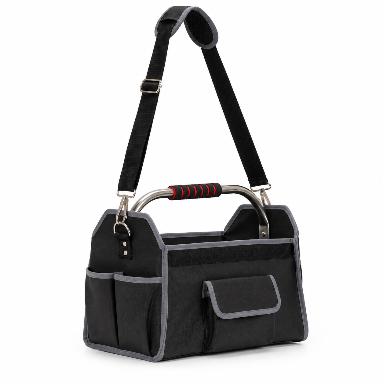 Geanta portabila pentru scule si unelte cu 20 de buzunare pentru organizare, maner metalic cu spuma antiderapanta, margini superioare rigidizate, baza rezistenta din PE, curea de umar reglabila, 41x23x35 cm, negru si gri
