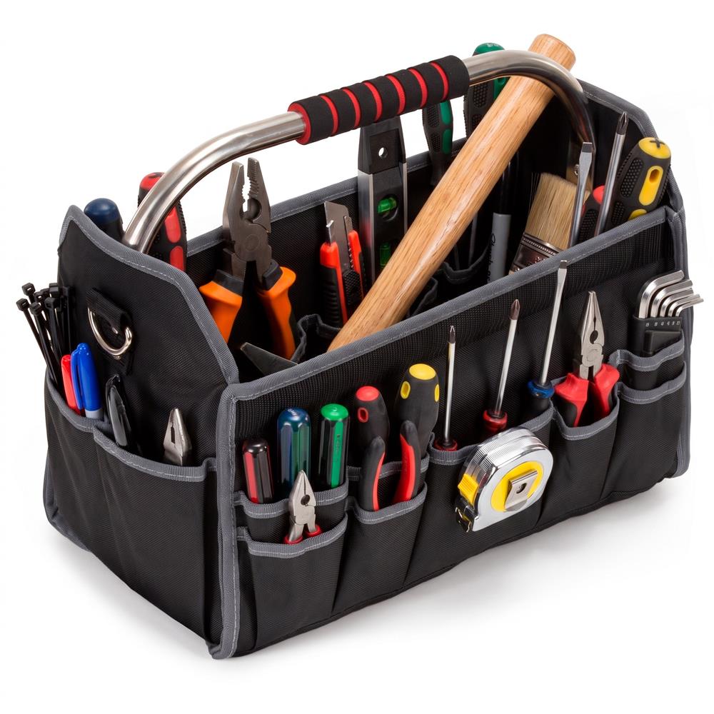 Geanta portabila pentru scule si unelte cu 20 de buzunare pentru organizare, maner metalic cu spuma antiderapanta, margini superioare rigidizate, baza rezistenta din PE, curea de umar reglabila, 41x23x35 cm, negru si gri - imagine 17