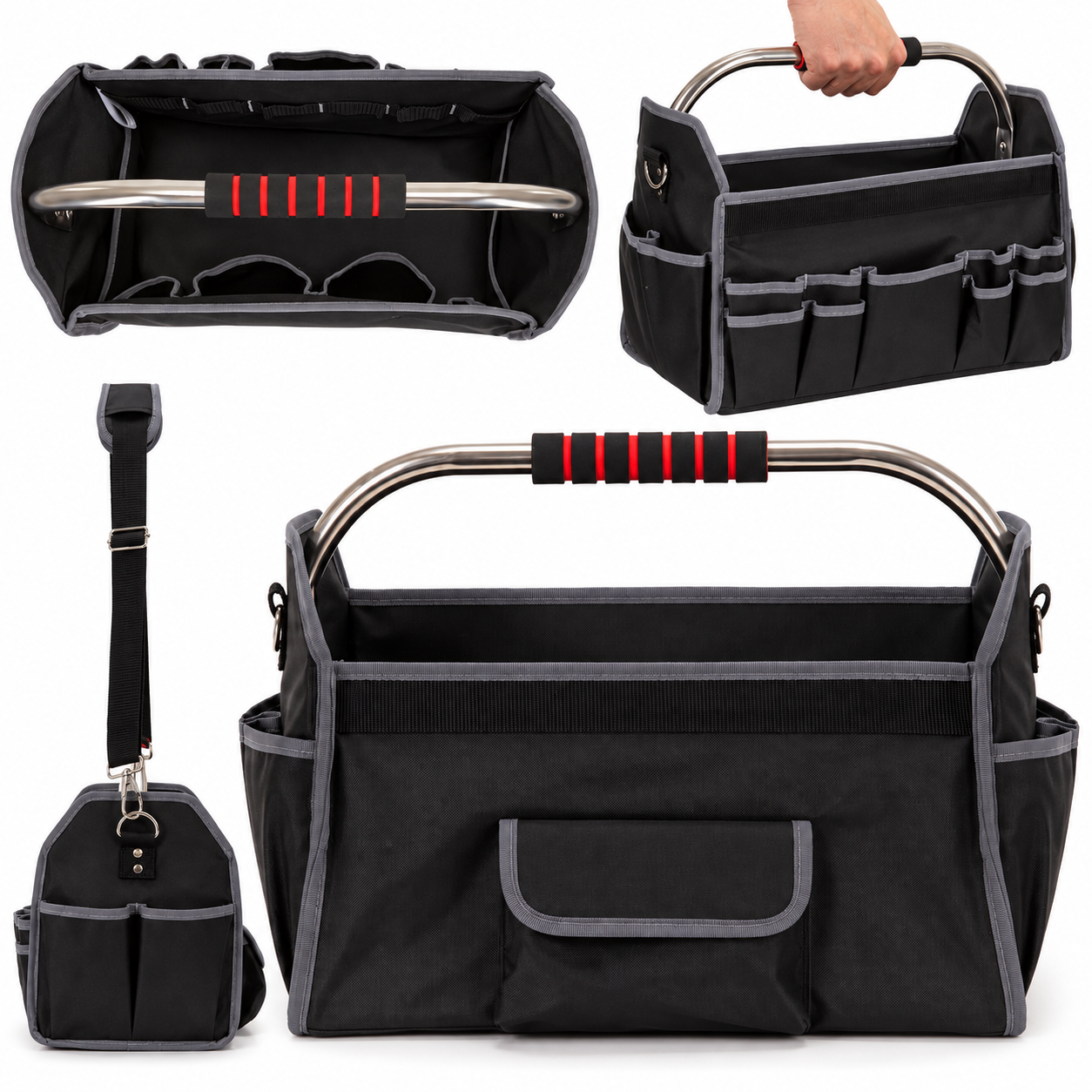 Geanta portabila pentru scule si unelte cu 20 de buzunare pentru organizare, maner metalic cu spuma antiderapanta, margini superioare rigidizate, baza rezistenta din PE, curea de umar reglabila, 41x23x35 cm, negru si gri - imagine 18