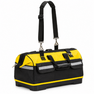 Geanta pentru scule si unelte cu capacitate 45 L, compartiment principal spatios, buzunare interioare si exterioare, material rezistent din poliester cu baza din PE, curea de umar reglabila, 49x27x35 cm, negru si galben