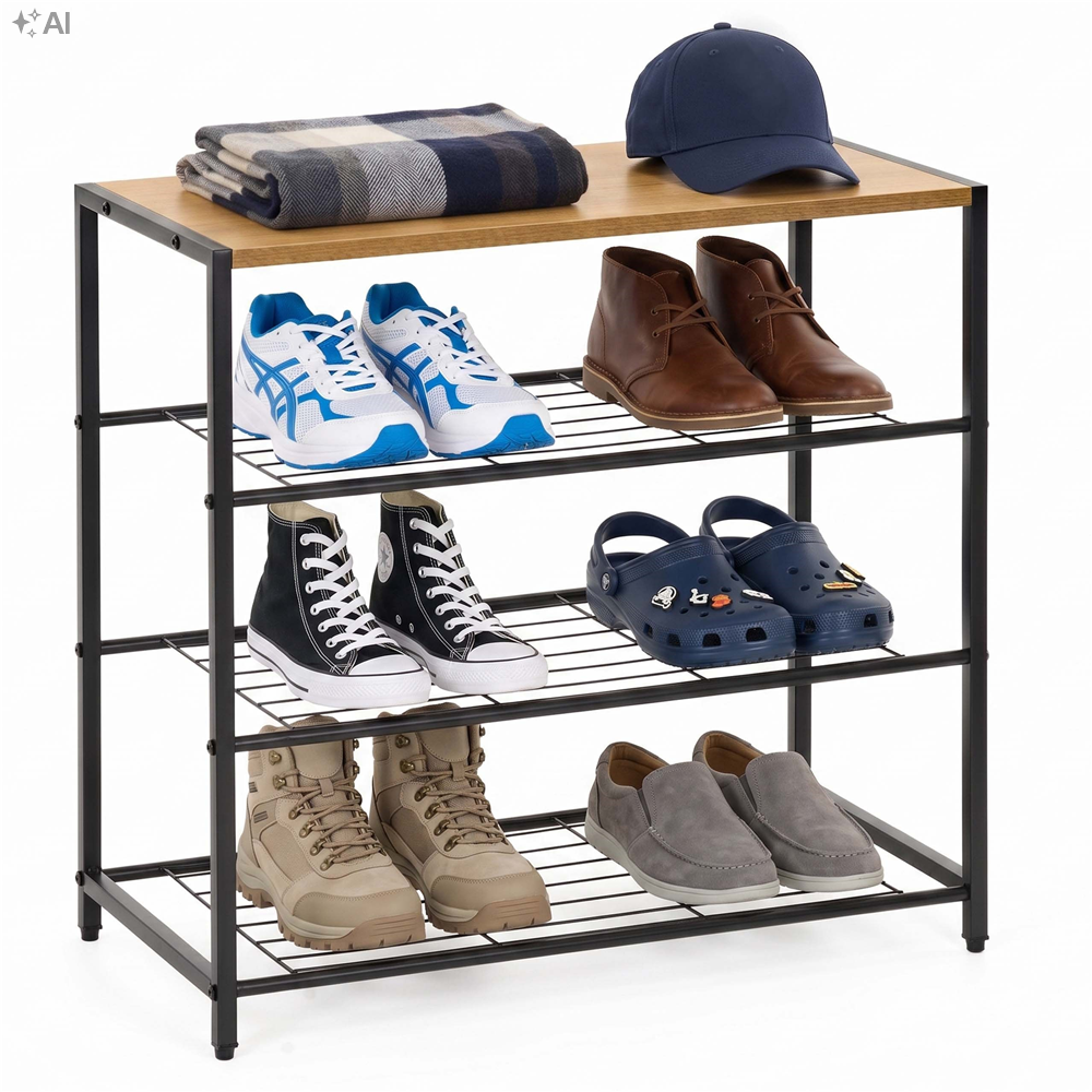 Raft multifunctional cu 2 polite si blat superior pentru depozitare, structura metalica rezistenta din otel si rafturi din MDF, picioare reglabile antiderapante, 63x30x62 cm, negru si maro deschis - imagine 17