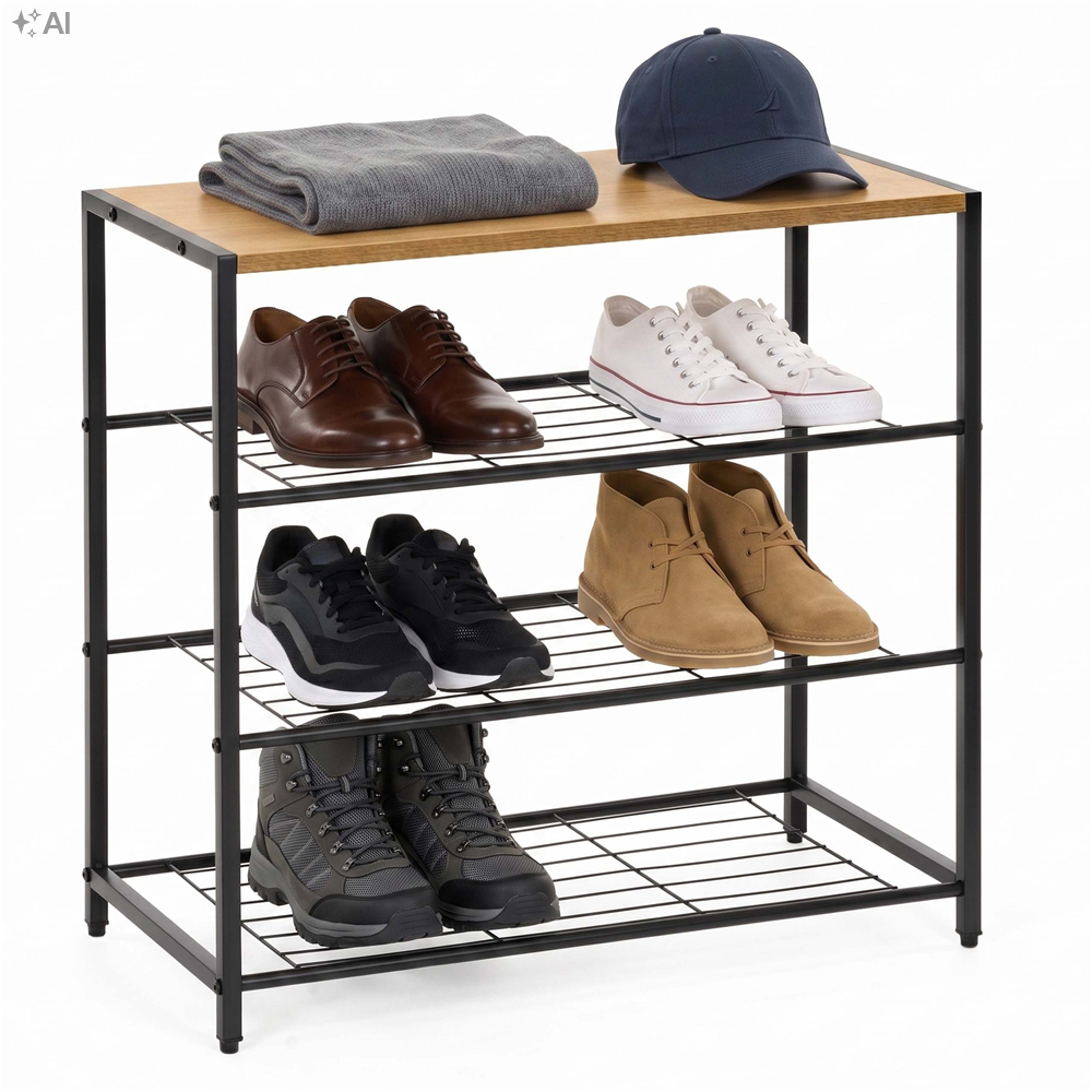 Raft multifunctional cu 2 polite si blat superior pentru depozitare, structura metalica rezistenta din otel si rafturi din MDF, picioare reglabile antiderapante, 63x30x62 cm, negru si maro deschis - imagine 18