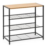 Raft multifunctional cu 2 polite si blat superior pentru depozitare, structura metalica rezistenta din otel si rafturi din MDF, picioare reglabile antiderapante, 63x30x62 cm, negru si maro deschis