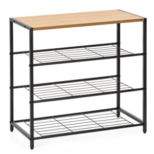 Raft multifunctional cu 2 polite si blat superior pentru depozitare, structura metalica rezistenta din otel si rafturi din MDF, picioare reglabile antiderapante, 63x30x62 cm, negru si maro deschis