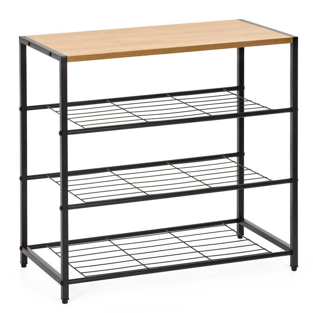 Raft multifunctional cu 2 polite si blat superior pentru depozitare, structura metalica rezistenta din otel si rafturi din MDF, picioare reglabile antiderapante, 63x30x62 cm, negru si maro deschis