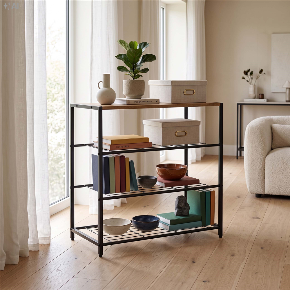 Raft multifunctional cu 2 polite si blat superior pentru depozitare, structura metalica rezistenta din otel si rafturi din MDF, picioare reglabile antiderapante, 63x30x62 cm, negru si maro deschis - imagine 19