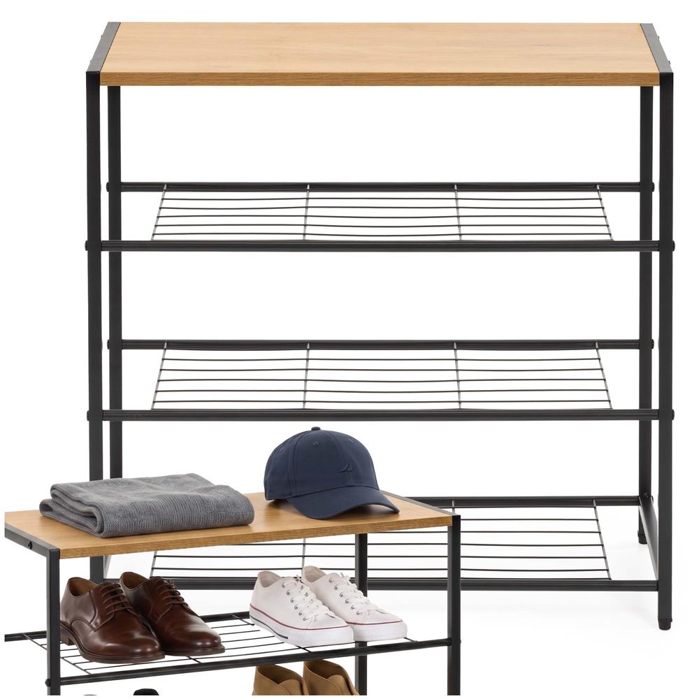 Raft multifunctional cu 2 polite si blat superior pentru depozitare, structura metalica rezistenta din otel si rafturi din MDF, picioare reglabile antiderapante, 63x30x62 cm, negru si maro deschis - imagine 3