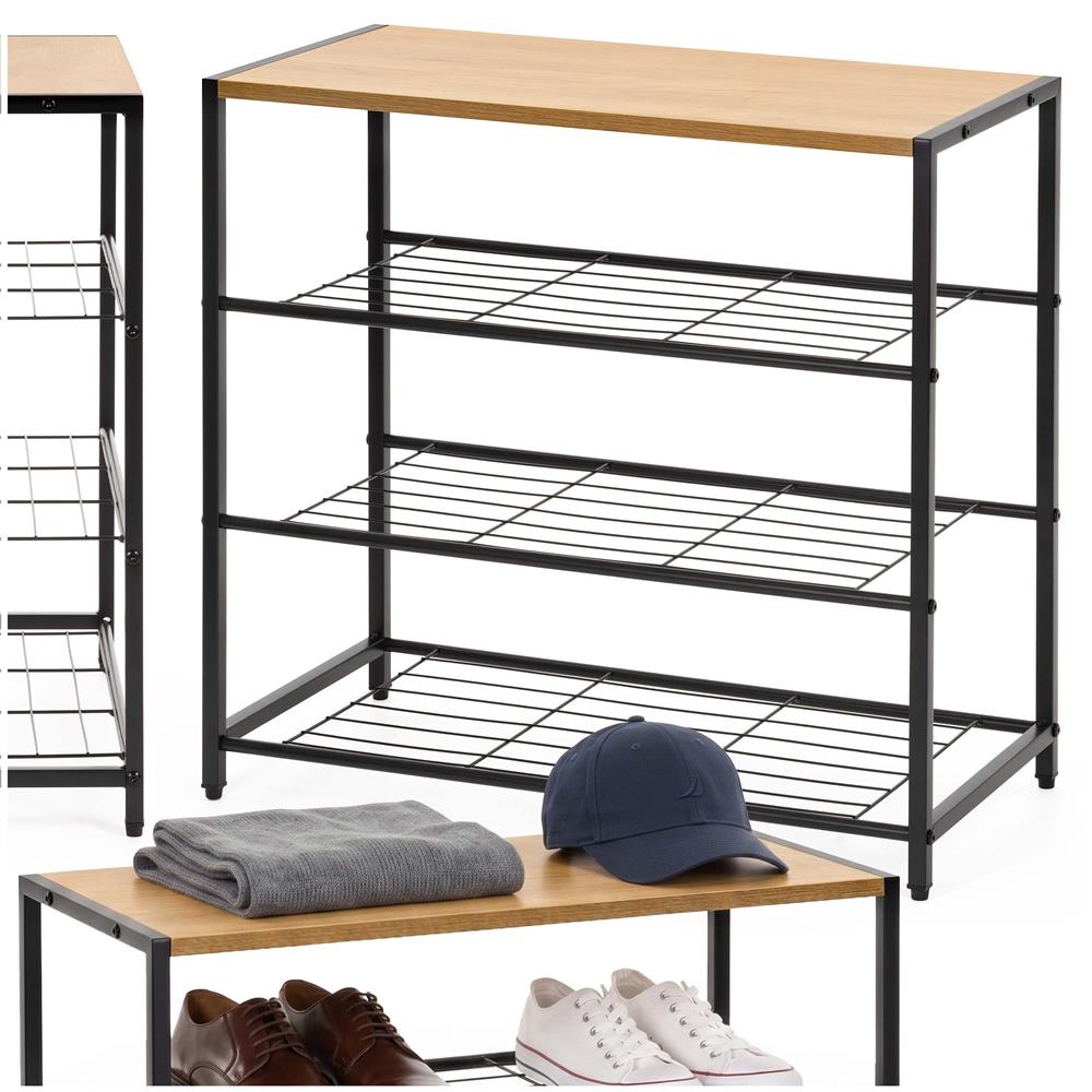 Raft multifunctional cu 2 polite si blat superior pentru depozitare, structura metalica rezistenta din otel si rafturi din MDF, picioare reglabile antiderapante, 63x30x62 cm, negru si maro deschis - imagine 4
