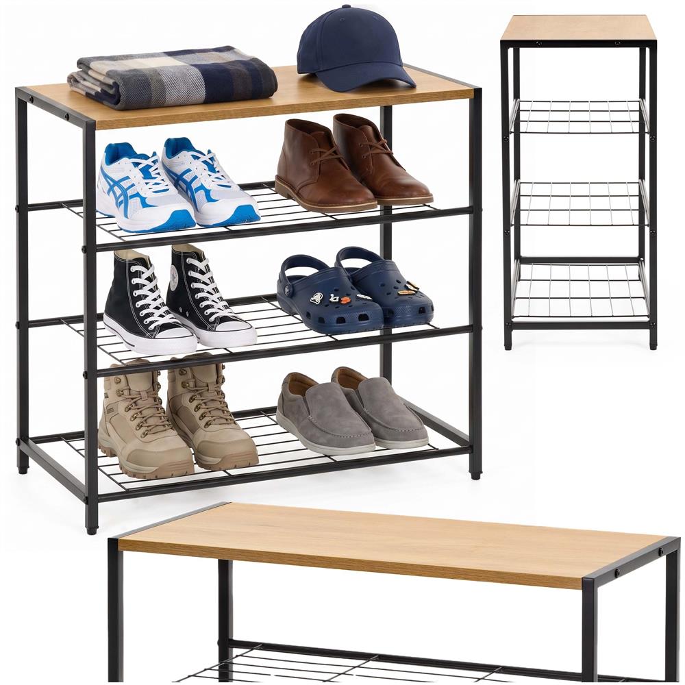 Raft multifunctional cu 2 polite si blat superior pentru depozitare, structura metalica rezistenta din otel si rafturi din MDF, picioare reglabile antiderapante, 63x30x62 cm, negru si maro deschis - imagine 5