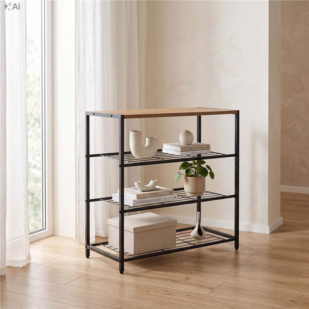 Raft multifunctional cu 2 polite si blat superior pentru depozitare, structura metalica rezistenta din otel si rafturi din MDF, picioare reglabile antiderapante, 63x30x62 cm, negru si maro deschis - imagine 6