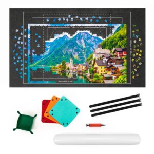 Covoras pentru puzzle de pana la 1500 de piese, cu rola gonflabila pentru pastrarea puzzle-ului inceput, 4 organizatoare pentru sortarea pieselor, pompa si husa de transport incluse, 114x67 cm