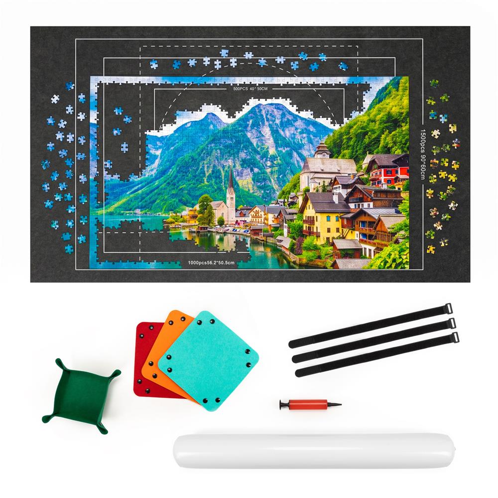 Covoras pentru puzzle de pana la 1500 de piese, cu rola gonflabila pentru pastrarea puzzle-ului inceput, 4 organizatoare pentru sortarea pieselor, pompa si husa de transport incluse, 114x67 cm
