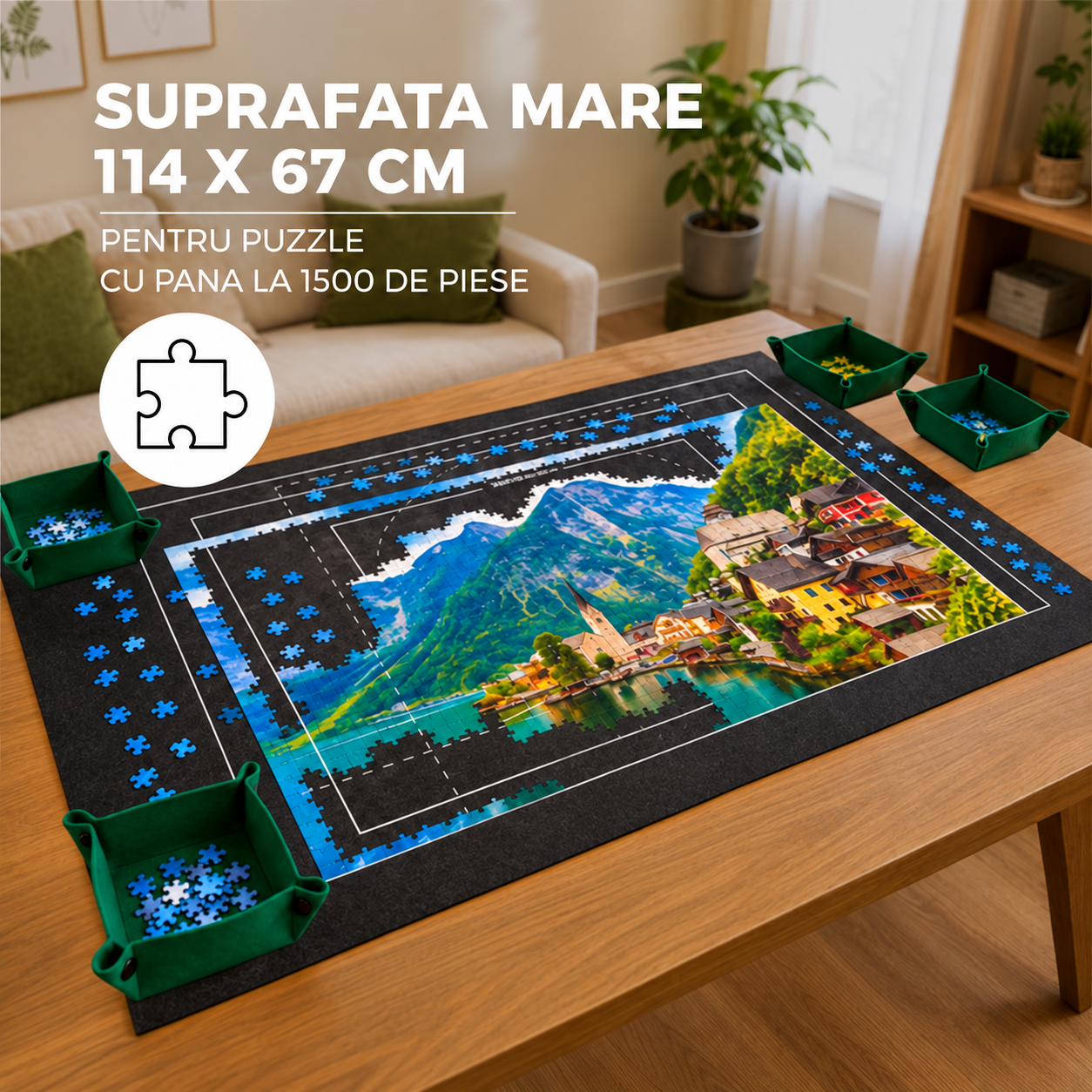 Covoras pentru puzzle de pana la 1500 de piese, cu rola gonflabila pentru pastrarea puzzle-ului inceput, 4 organizatoare pentru sortarea pieselor, pompa si husa de transport incluse, 114x67 cm - imagine 4