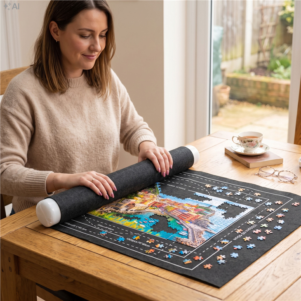Covoras pentru puzzle de pana la 1500 de piese, cu rola gonflabila pentru pastrarea puzzle-ului inceput, 4 organizatoare pentru sortarea pieselor, pompa si husa de transport incluse, 114x67 cm - imagine 30