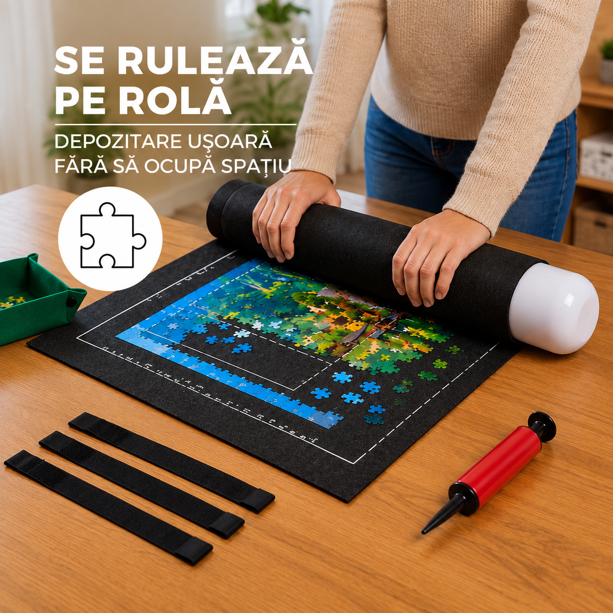 Covoras pentru puzzle de pana la 1500 de piese, cu rola gonflabila pentru pastrarea puzzle-ului inceput, 4 organizatoare pentru sortarea pieselor, pompa si husa de transport incluse, 114x67 cm - imagine 6