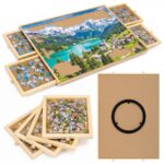Masa suport rotativa pentru puzzle de pana la 1000 de piese, cu 4 sertare extensibile pentru sortarea pieselor, baza rotativa pentru acces usor, blat din lemn si MDF cu margini ridicate, 79x55x5 cm, maro