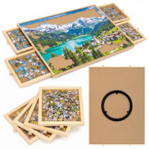 Masa suport rotativa pentru puzzle de pana la 1000 de piese, cu 4 sertare extensibile pentru sortarea pieselor, baza rotativa pentru acces usor, blat din lemn si MDF cu margini ridicate, 79x55x5 cm, maro