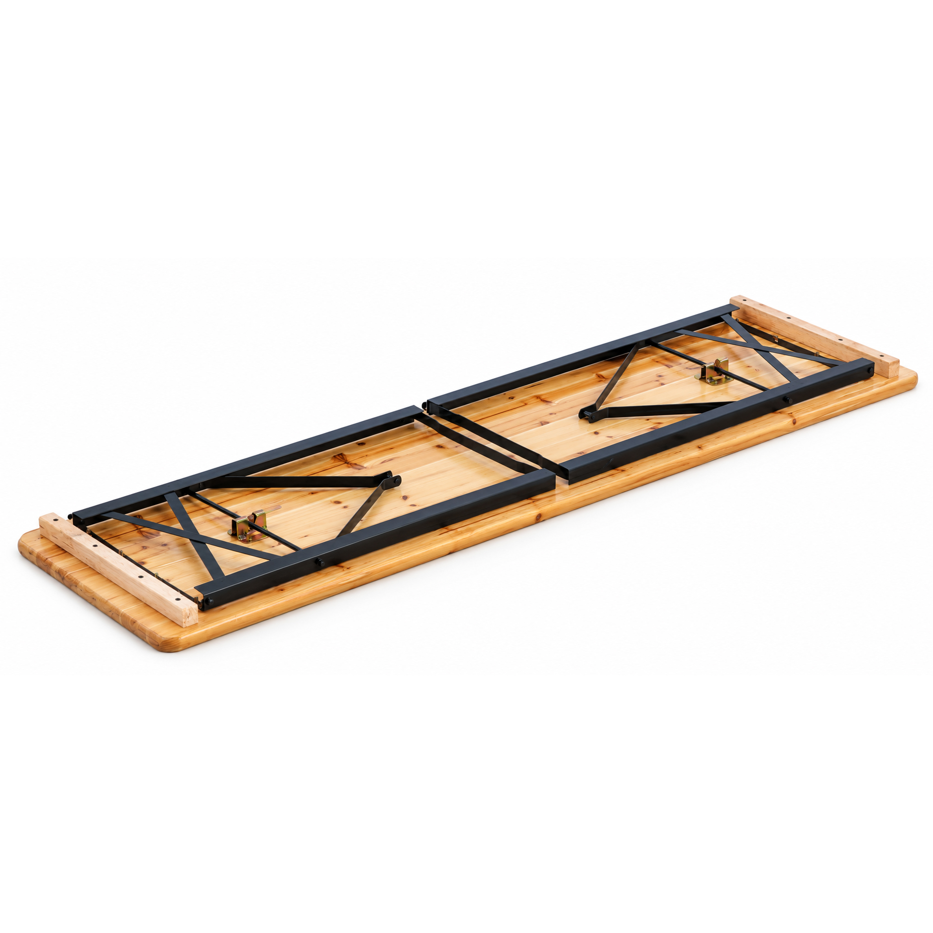 Set mobilier pliabil pentru gradina si evenimente, 3 piese, masa si 2 banci cu spatar pentru confort sporit, lemn de pin impregnat si lacuit, cadru din otel, depozitare compacta, lungime 170 cm, natur - imagine 2