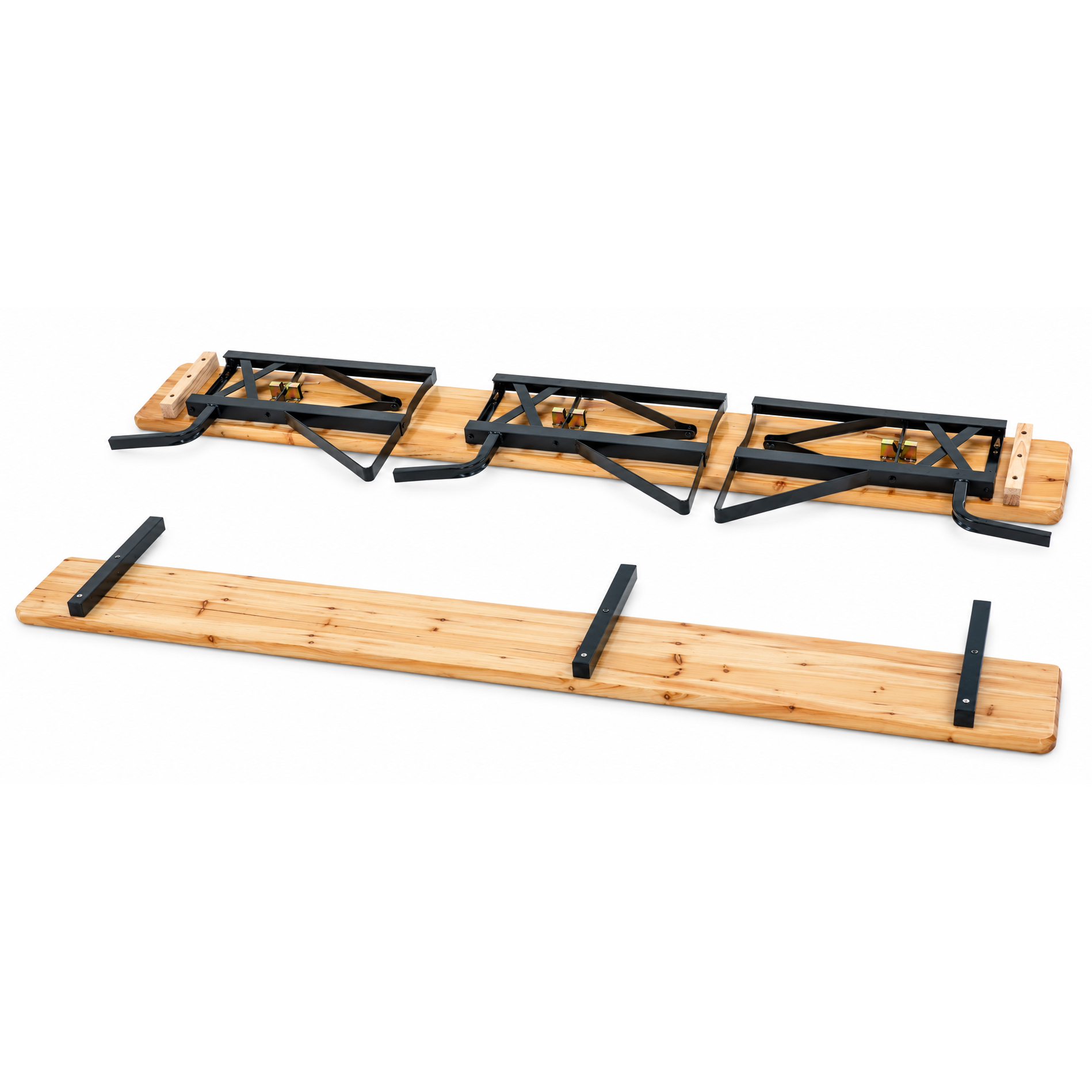 Set mobilier pliabil pentru gradina si evenimente, 3 piese, masa si 2 banci cu spatar pentru confort sporit, lemn de pin impregnat si lacuit, cadru din otel, depozitare compacta, lungime 170 cm, natur - imagine 3