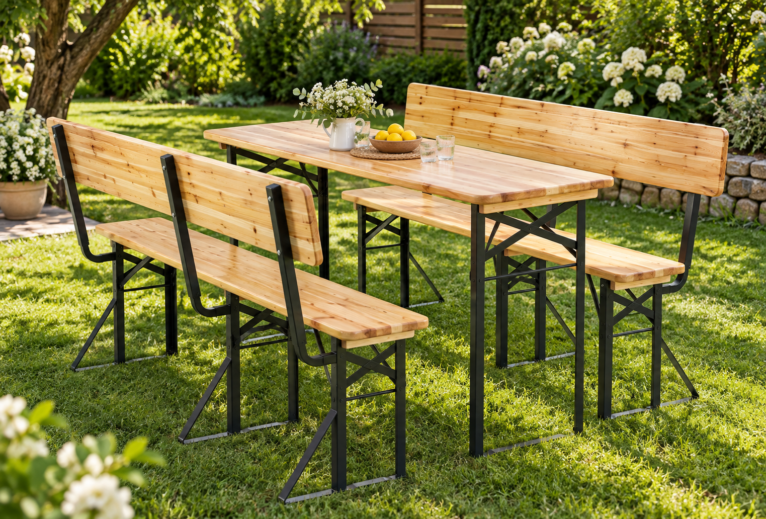 Set mobilier pliabil pentru gradina si evenimente, 3 piese, masa si 2 banci cu spatar pentru confort sporit, lemn de pin impregnat si lacuit, cadru din otel, depozitare compacta, lungime 170 cm, natur - imagine 4