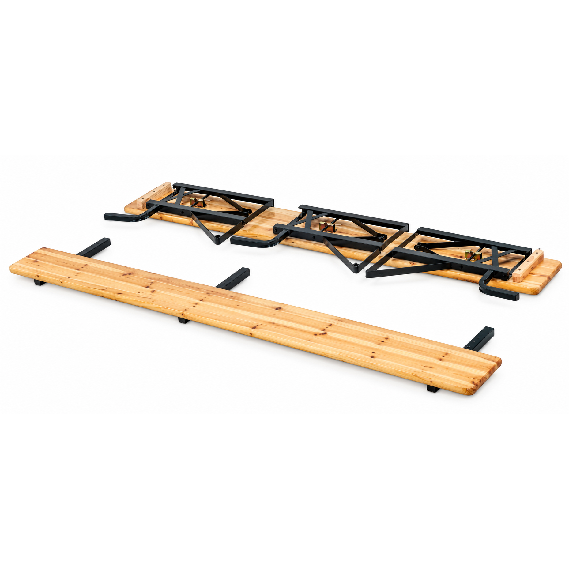 Set mobilier pliabil pentru gradina si evenimente, 3 piese, masa si 2 banci cu spatar pentru confort sporit, lemn de pin impregnat si lacuit, cadru din otel, depozitare compacta, lungime 170 cm, natur - imagine 5