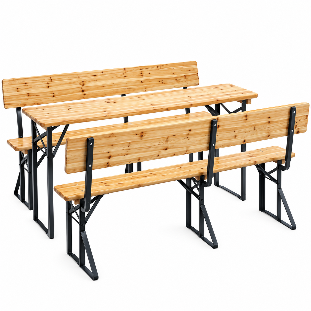 Set mobilier pliabil pentru gradina si evenimente, 3 piese, masa si 2 banci cu spatar pentru confort sporit, lemn de pin impregnat si lacuit, cadru din otel, depozitare compacta, lungime 170 cm, natur - imagine 6