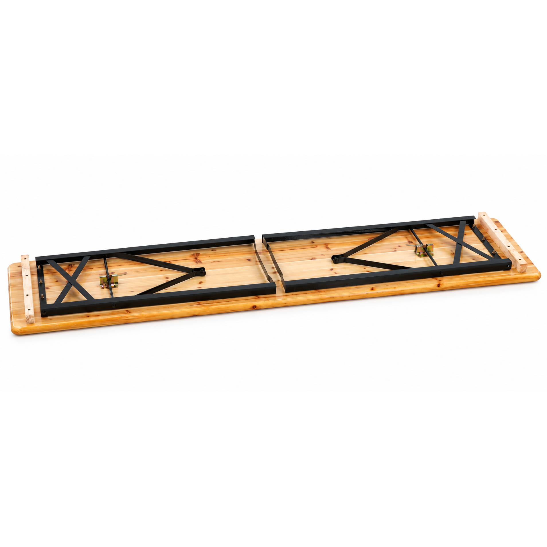 Set mobilier pliabil pentru gradina si evenimente, 3 piese, masa si 2 banci cu spatar pentru confort sporit, lemn de pin impregnat si lacuit, cadru din otel, depozitare compacta, lungime 170 cm, natur - imagine 7