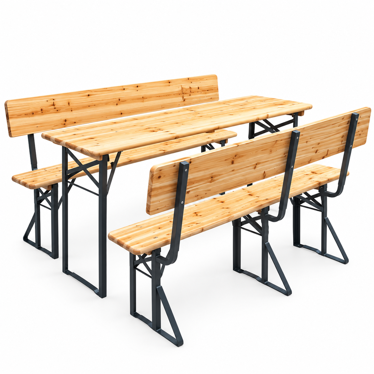 Set mobilier pliabil pentru gradina si evenimente, 3 piese, masa si 2 banci cu spatar pentru confort sporit, lemn de pin impregnat si lacuit, cadru din otel, depozitare compacta, lungime 170 cm, natur - imagine 8
