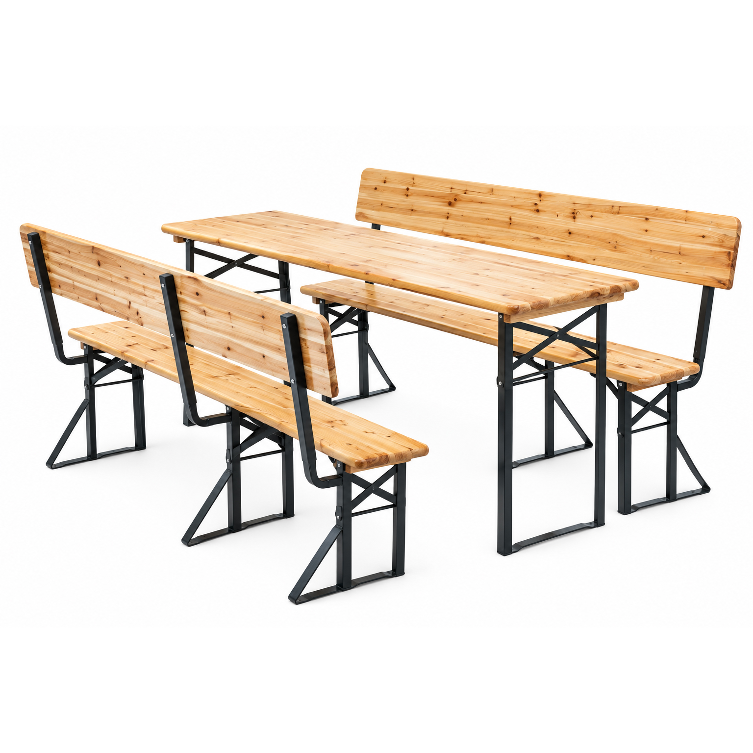 Set mobilier pliabil pentru gradina si evenimente, 3 piese, masa si 2 banci cu spatar pentru confort sporit, lemn de pin impregnat si lacuit, cadru din otel, depozitare compacta, lungime 170 cm, natur - imagine 9