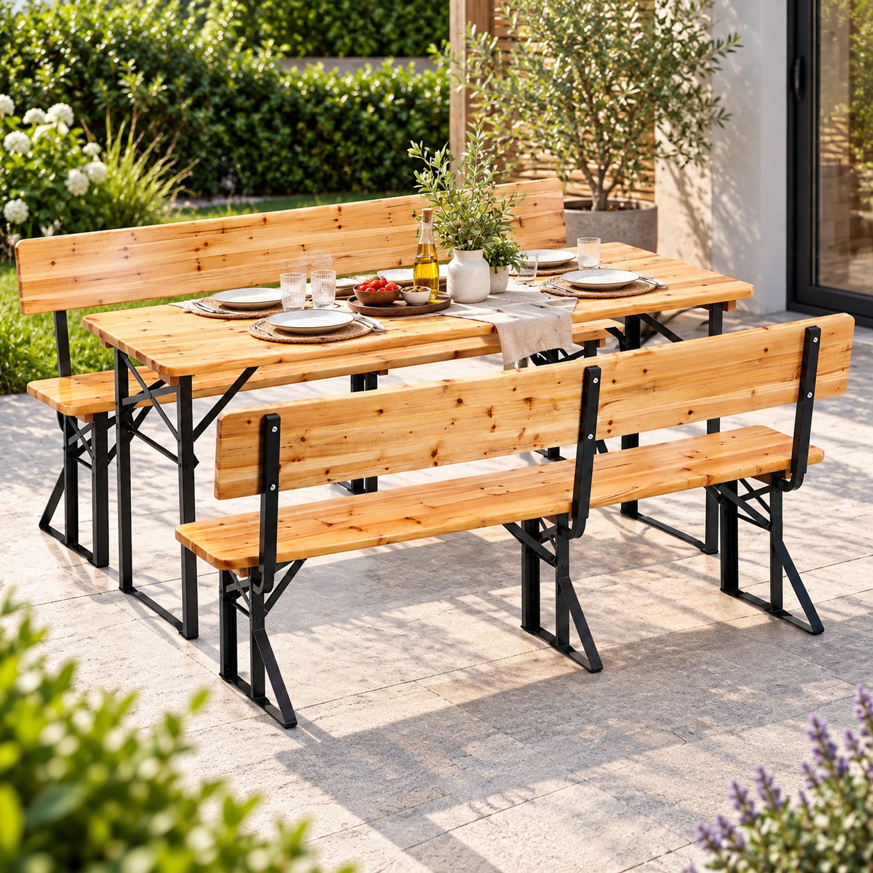Set mobilier pliabil pentru gradina si evenimente, 3 piese, masa si 2 banci cu spatar pentru confort sporit, lemn de pin impregnat si lacuit, cadru din otel, depozitare compacta, lungime 170 cm, natur