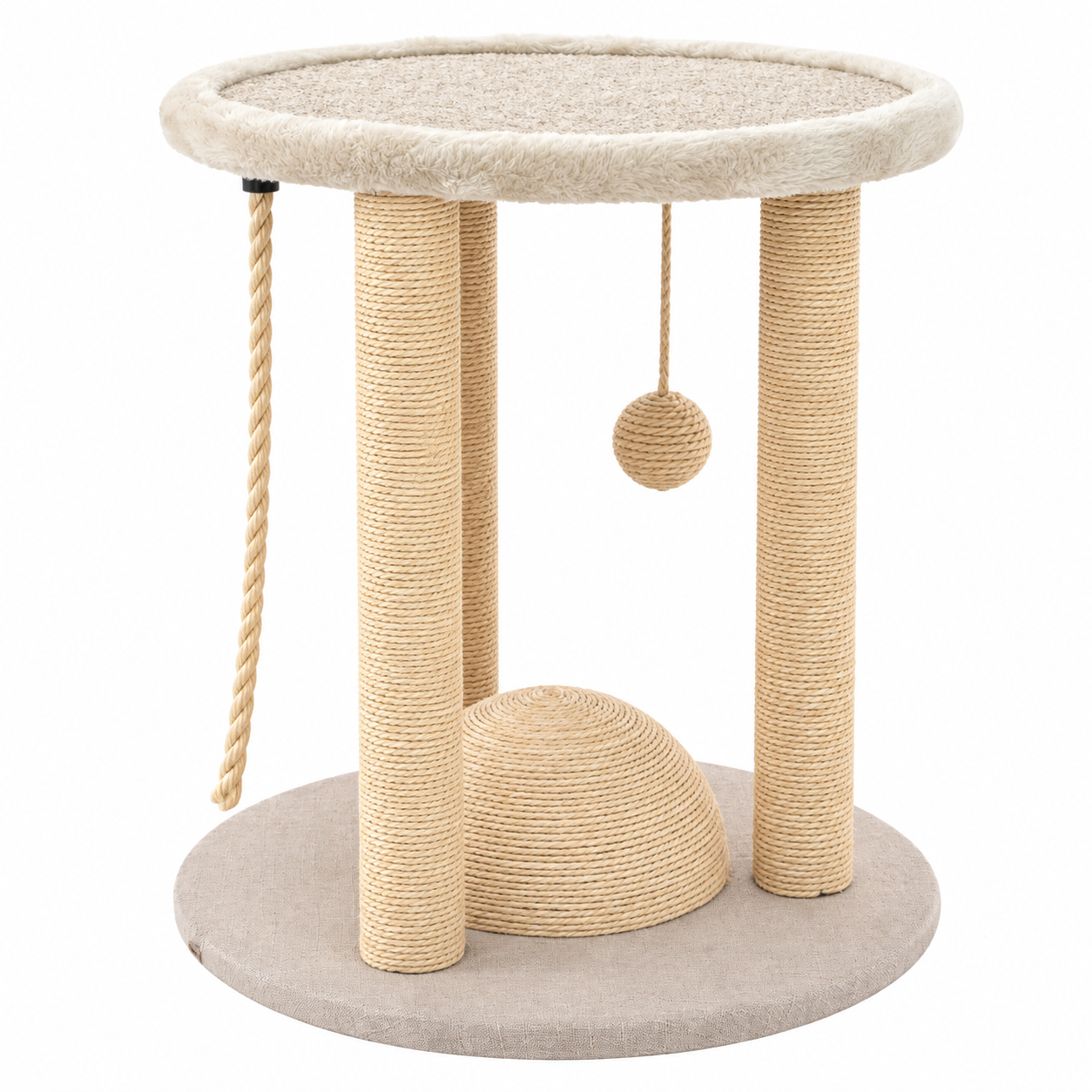 Ansamblu de joaca si zgariat pentru pisici de apartament, cu 3 stalpi pentru intretinerea ghearelor, platforma moale pentru odihna si minge suspendata pentru stimularea activitatii, 40x40x44 cm, bej - imagine 8
