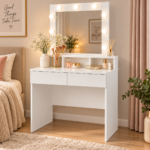Masa de toaleta cu oglinda LED pentru machiaj, iluminare cu 9 puncte LED si 3 temperaturi de culoare pentru lumina personalizata, 2 sertare pentru organizarea cosmeticelor, 80x40x140 cm, alb