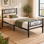 VASAGLE Cadru pat single din metal 90x200 cm, cu tablie inalta si spatiu de depozitare, 208x92x86 cm, negru