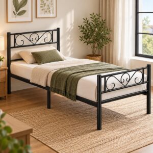 VASAGLE Cadru pat single din metal 90x200 cm, cu tablie inalta si spatiu de depozitare, 208x92x86 cm, negru