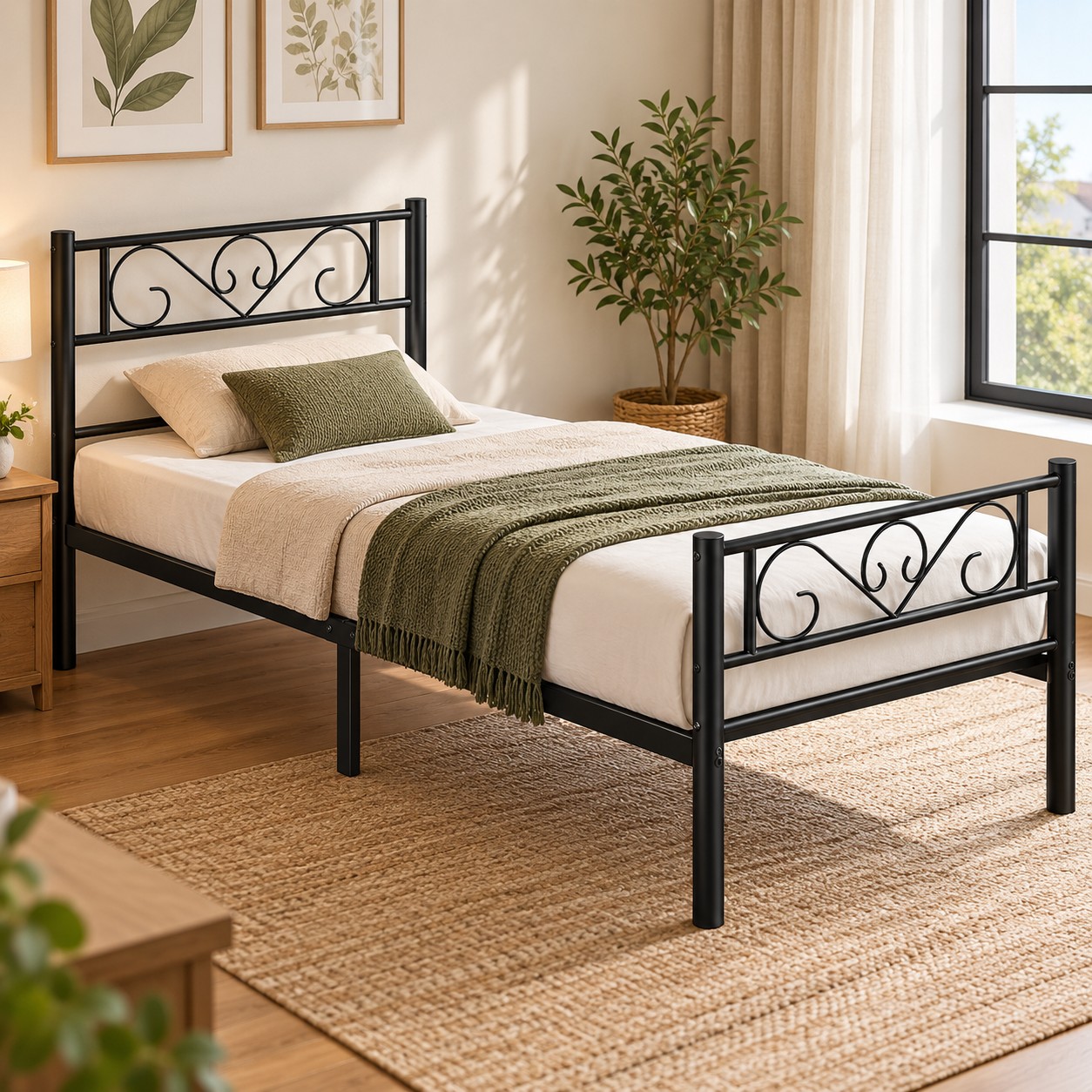 VASAGLE Cadru pat single din metal 90x200 cm, cu tablie inalta si spatiu de depozitare, 208x92x86 cm, negru
