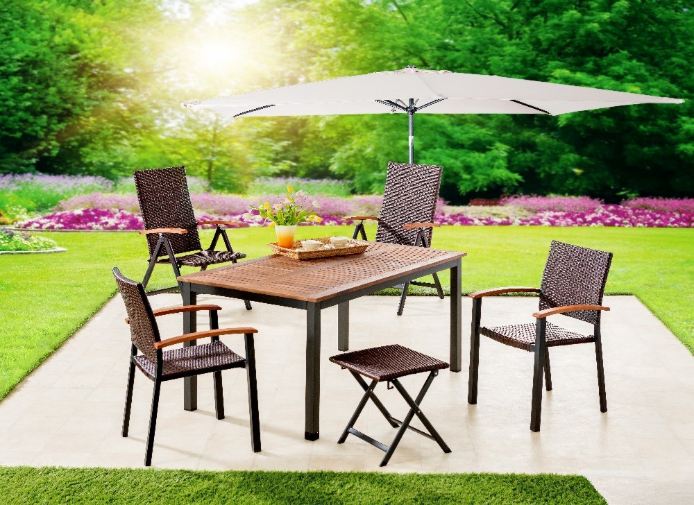 Masa de gradina Genua dreptunghiulara, cu blat din lemn de eucalipt si cadru rezistent din aluminiu, design modern pentru servirea mesei si relaxare pe terasa, in gradina sau balcon, 150x90x74 cm, maro - imagine 2