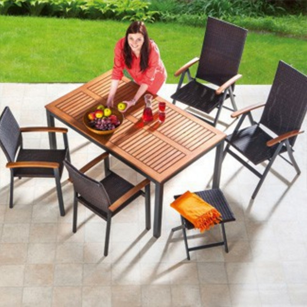 Masa de gradina Genua dreptunghiulara, cu blat din lemn de eucalipt si cadru rezistent din aluminiu, design modern pentru servirea mesei si relaxare pe terasa, in gradina sau balcon, 150x90x74 cm, maro - imagine 4