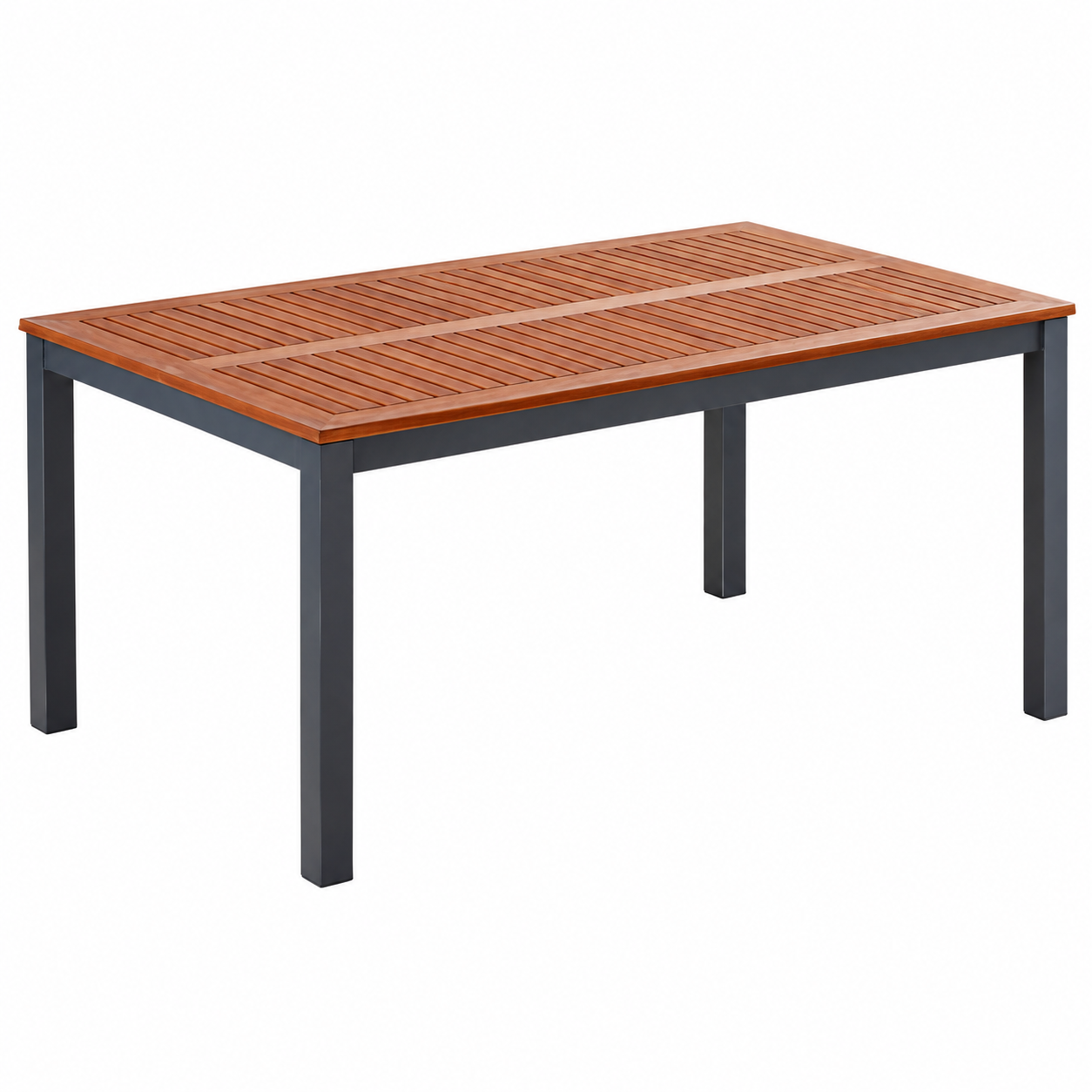 Masa de gradina Genua dreptunghiulara, cu blat din lemn de eucalipt si cadru rezistent din aluminiu, design modern pentru servirea mesei si relaxare pe terasa, in gradina sau balcon, 150x90x74 cm, maro