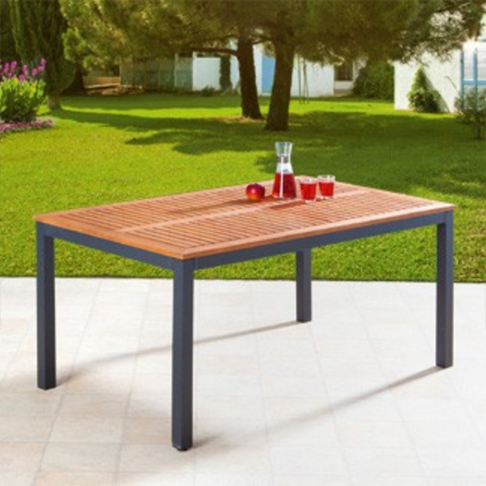 Masa de gradina Genua dreptunghiulara, cu blat din lemn de eucalipt si cadru rezistent din aluminiu, design modern pentru servirea mesei si relaxare pe terasa, in gradina sau balcon, 150x90x74 cm, maro - imagine 6