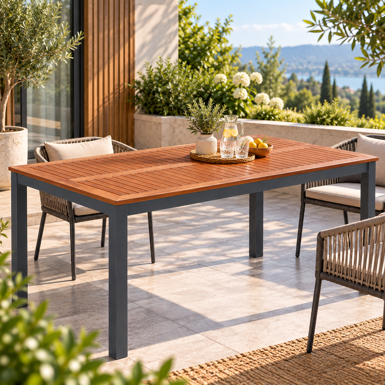 Masa de gradina Genua dreptunghiulara, cu blat din lemn de eucalipt si cadru rezistent din aluminiu, design modern pentru servirea mesei si relaxare pe terasa, in gradina sau balcon, 150x90x74 cm, maro - imagine 7