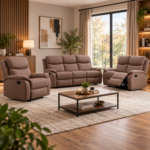 Set canapele relax pentru living, 3 piese, configuratie 3+2+1 locuri, cu 5 functii de relaxare si spatare reglabile pentru confort la citit si vizionarea televizorului, sezuturi cu spuma de inalta densitate, tapiterie textila, maro