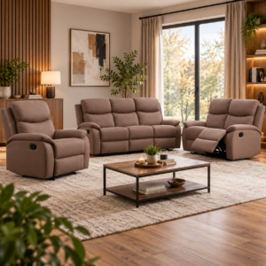 Set canapele relax pentru living, 3 piese, configuratie 3+2+1 locuri, cu 5 functii de relaxare si spatare reglabile pentru confort la citit si vizionarea televizorului, sezuturi cu spuma de inalta densitate, tapiterie textila, maro