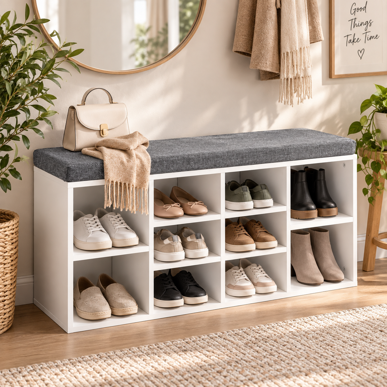 Banca pentru hol cu pantofar si 10 compartimente pentru organizarea incaltamintei, sezut confortabil cu perna inclusa, design modern si compact pentru hol sau dressing, 102x30x49 cm, alb - imagine 2