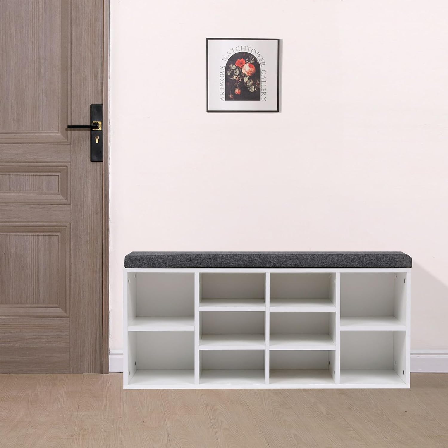 Banca pentru hol cu pantofar si 10 compartimente pentru organizarea incaltamintei, sezut confortabil cu perna inclusa, design modern si compact pentru hol sau dressing, 102x30x49 cm, alb - imagine 3